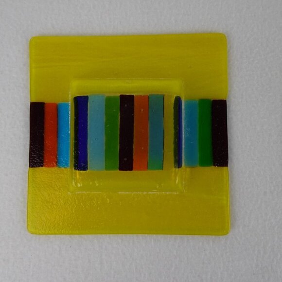 Fused Glass Square Ashtray Trinket Dish Candy Yellow Rainbow Striped SET of 2 - Picture 5 of 6